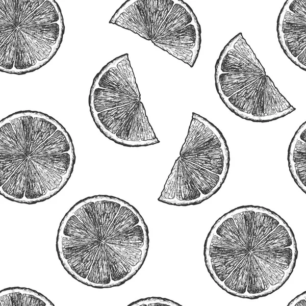 黒と白のベクトル柑橘類 レモン オレンジのウェッジとのシームレスなパターン 刻まれたヴィンテージスタイルの図 — ストックベクタ