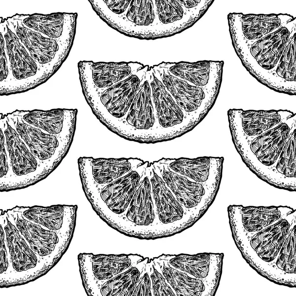 黒と白のベクトル柑橘類 レモンやオレンジのウェッジとのシームレスなパターン 刻まれたヴィンテージスタイルの図 — ストックベクタ