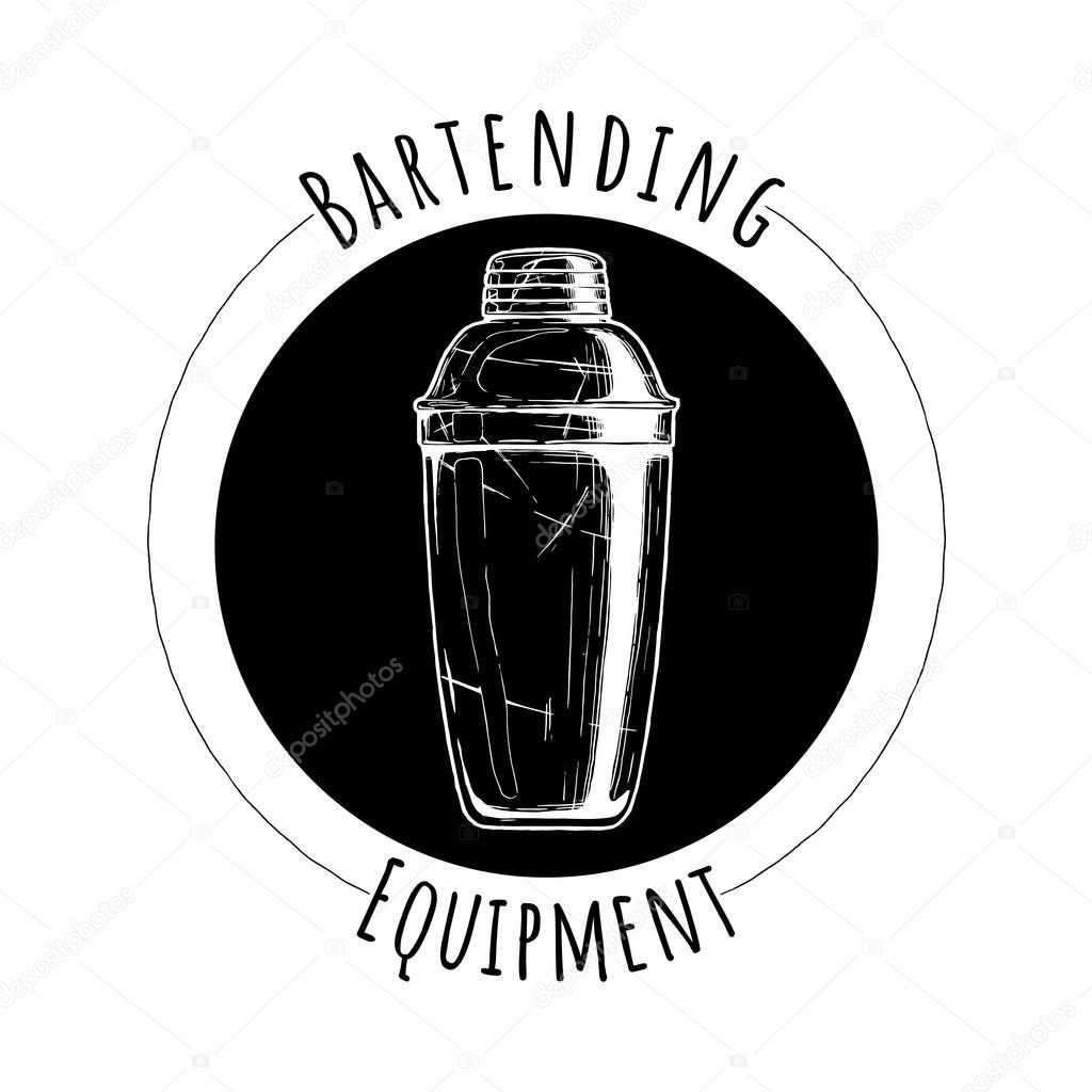 Cobbler shaker and cocktail glass.  Logo label Illustration of Bar professional tools in vintage engraved style.