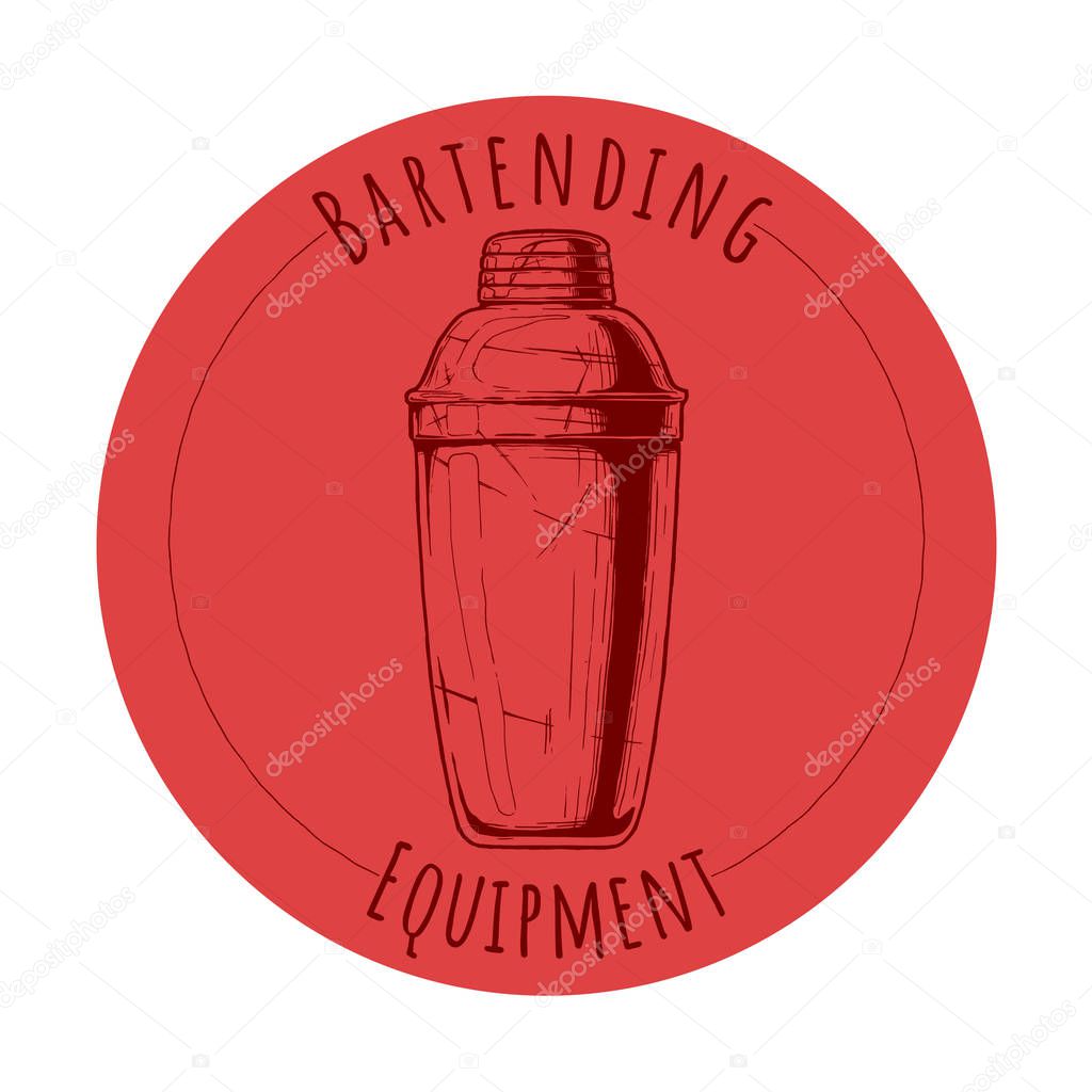 Cobbler shaker and cocktail glass.  Logo label Illustration of Bar professional tools in vintage engraved style.
