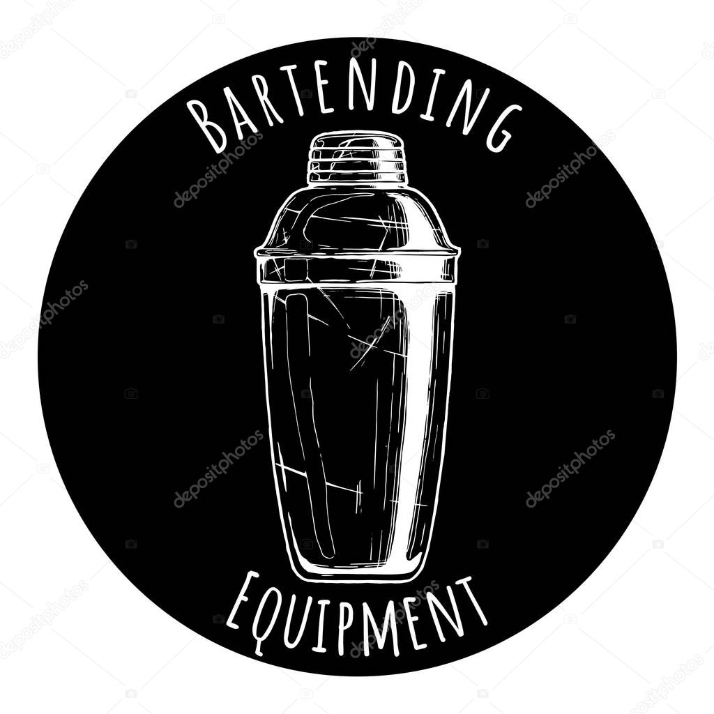 Cobbler shaker and cocktail glass.  Logo label Illustration of Bar professional tools in vintage engraved style.