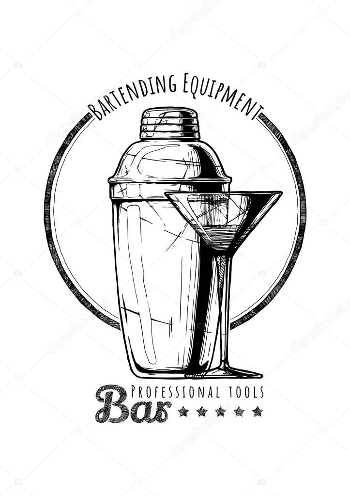 Cobbler shaker and cocktail glass.  Logo label Illustration of Bar professional tools in vintage engraved style.