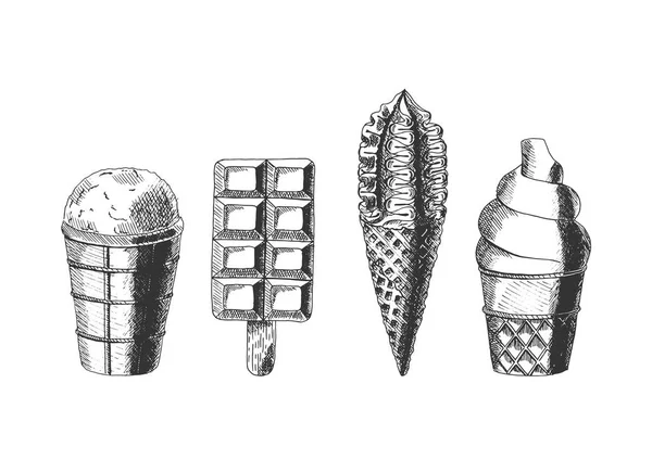 Набір Різних Типів Морозива Векторна Ілюстрація Намальована Рукою Вінтажному Гравірованому — стоковий вектор