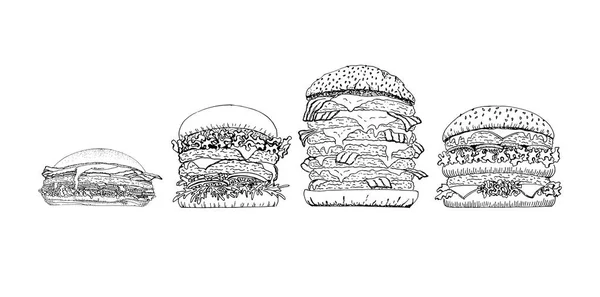 Illustrazione Vettoriale Disegnata Mano Hamburger Cheeseburger Doppio Cheeseburger Hamburger Australiano — Vettoriale Stock