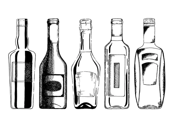 Set Vectorial Botellas Vino Champán Tinta Dibujada Mano Aislado Blanco — Vector de stock