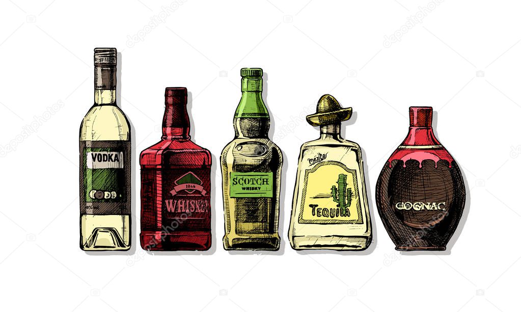 Vector set of bottles of alcohol in ink hand drawn style. Distilled beverage. Color illustration isolated on black.
