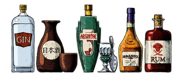 Garrafas de álcool. Bebida destilada — Vetor de Stock