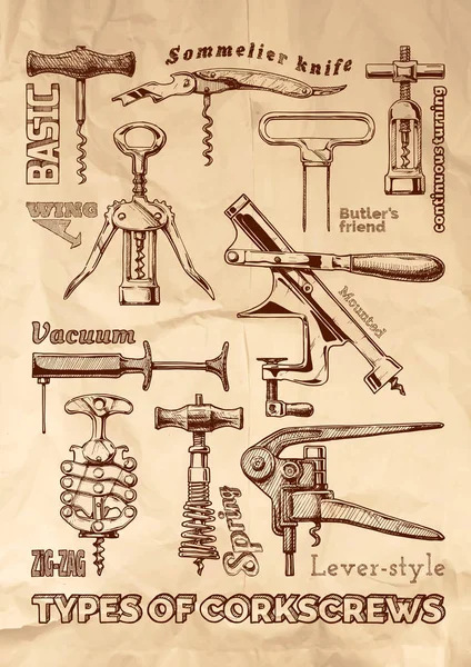Arten von Korkenziehern — Stockvektor