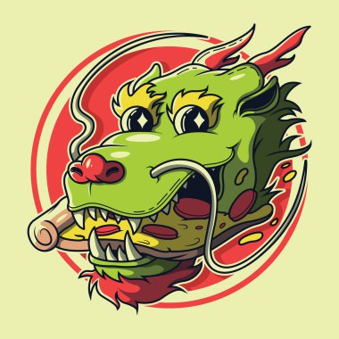 Dragon Head ve pizza vektör illüstrasyonu. Maskot, marka, fast food, dağıtım tasarımı konsepti