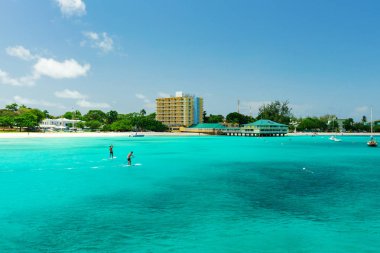 Ayağa kalkıp paddleboard biniciler: Barbados, Caribbean tropikal plaj