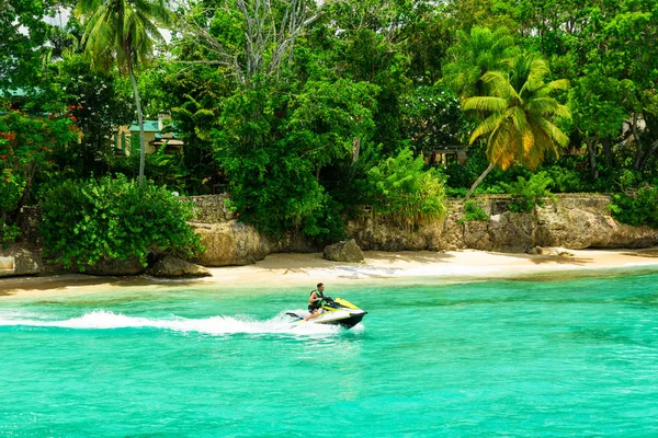 Jet Ski Rider Tropical Pristine Beach Barbados Caribbean — Stock Photo, Image