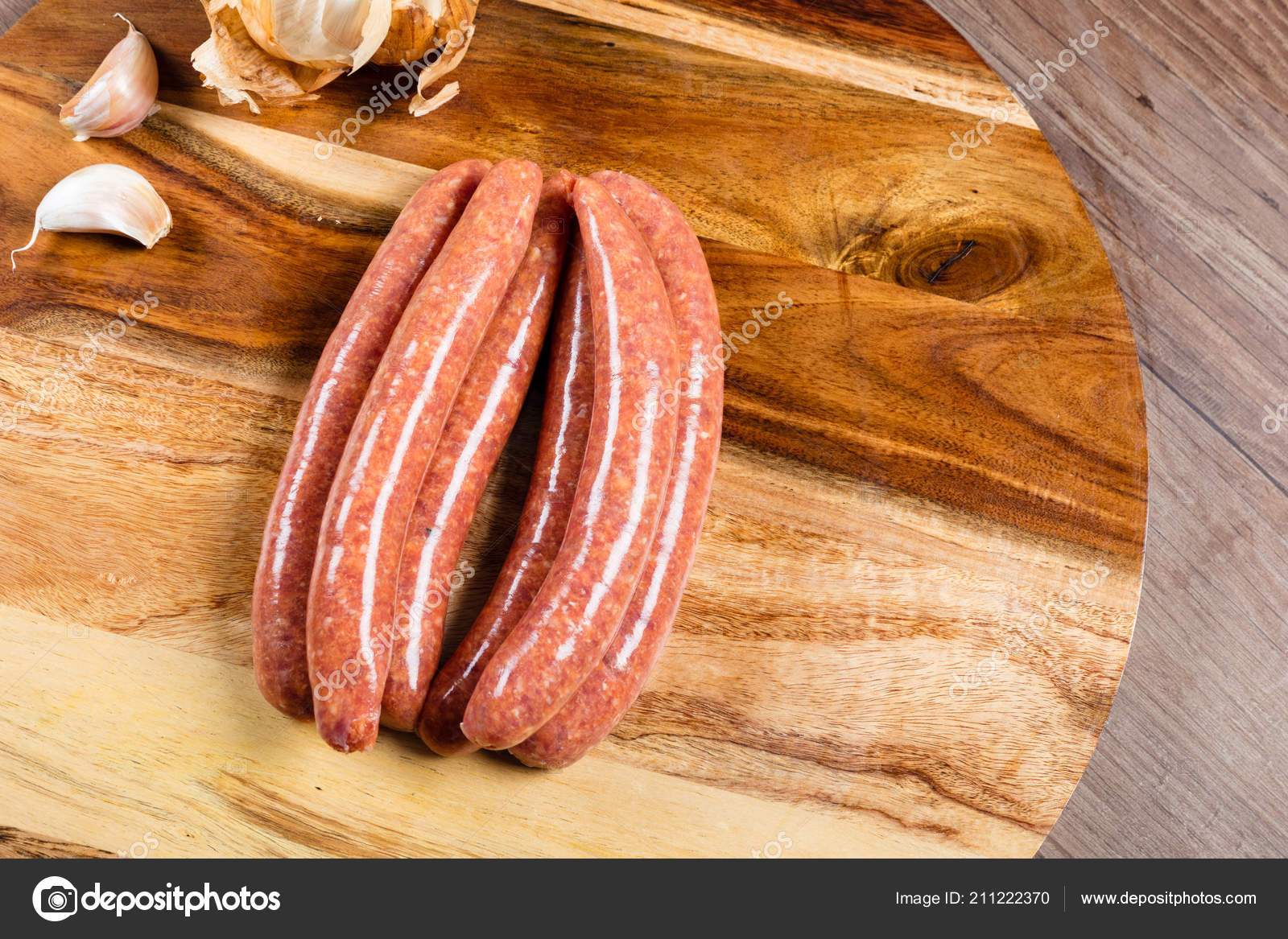 Uncooked Beef Honey Garlic Sausages Chopping Board Herbs Stock Photo by