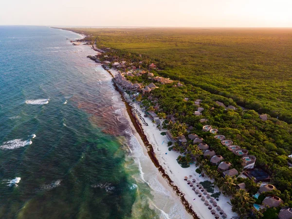 Vista Aérea Playa Tulum Atardecer Quintana Roo México — Foto de Stock
