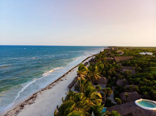 Vista Aérea Praia Tulum Pôr Sol Quintana Roo México — Fotografia de Stock