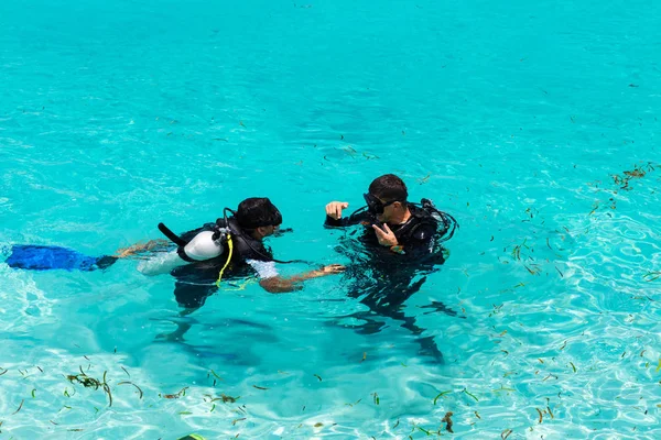 Dalgıçlar Maldivler sığ mavi suda öğrenme