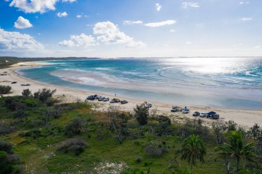 Fraser Adası 'ndaki Waddy Point plajına park etmiş off-road arabaları.