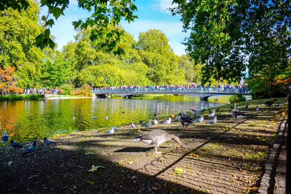 Touristes Traversant Pont Dessus Lac James Park James Park Londres — Photo