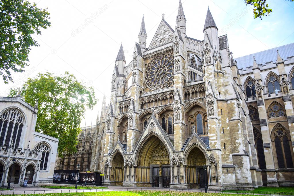 Westminster Abbey, the gothic abbey church at the west of the Palace of Westminster in London, England, United Kingdom
