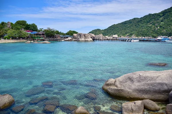 Beautiful Thailand sea of Nang Yuan island with clear blue sea water surrounded by green mountain in the gulf of Thailand
