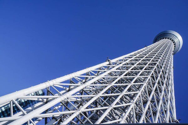 Tokyo Skytree tower viewed from bottom, a famous modern tower and landmark of Tokyo