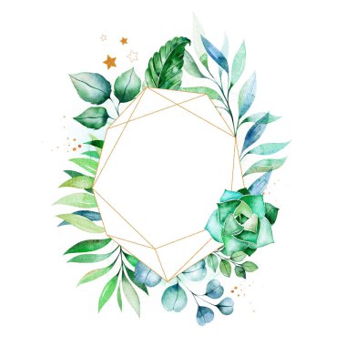 Sulu boya yeşil illüstrasyon. Çerçeve kenarlığı ile palmiye yaprakları, dalları, çilek