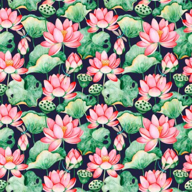 Lotus suluboya doku. Nilüferler ve yusufçuk koyu zemin üzerine Dikişsiz desen