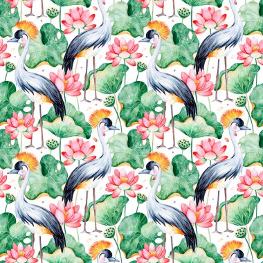 Lotus suluboya doku. Dikişsiz desen nilüferler ve siyah beyaz zemin üzerine Vinç taç. 