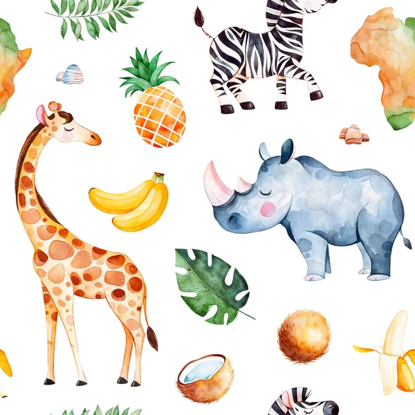 Afrika Akvarel Vzor Bezešvé Žirafy Nosorožec Zebra Banán Ovoce Listy — Stock fotografie