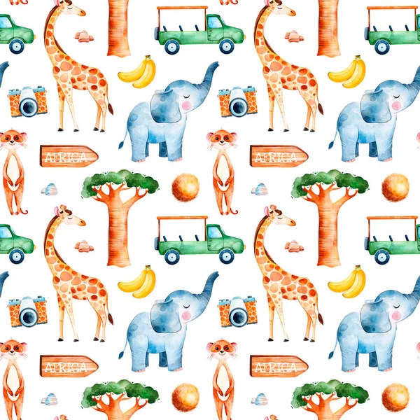 Africa watercolor seamless pattern with cute giraffe, elephant, meerkat, fruits, wooden sign, pickup car and camera