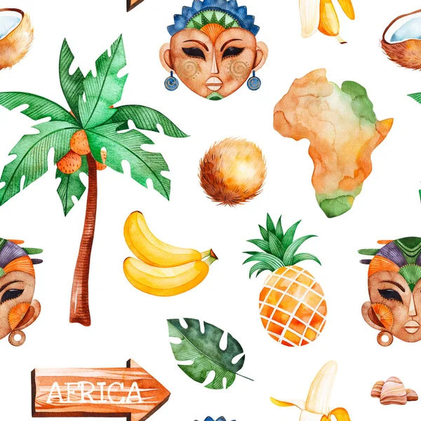 Afryki Akwarela Bezszwowe Wzór Kolekcja Safari Owoców Drewniany Znak Kokos — Zdjęcie stockowe