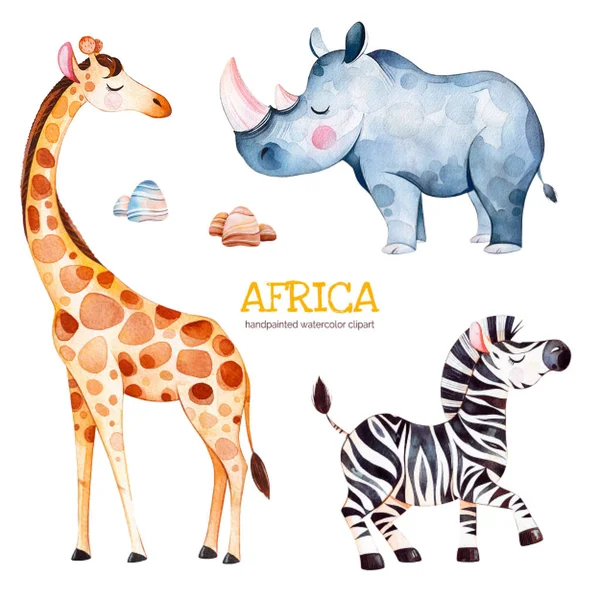 Safari Samling Med Giraff Rhino Och Zebra Akvarell Illustration — Stockfoto