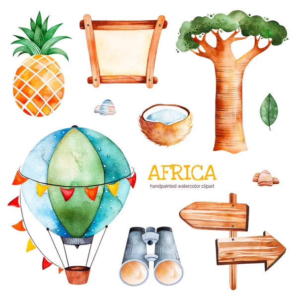 Africa Watercolor Set Pineapple Coconut Baobab Binocular Wooden Sign Stones — Stock Photo, Image