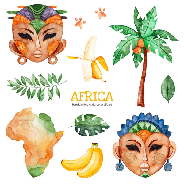 Coleção Safari Aquarela Com Máscaras Africanas Frutas Sinal Madeira Coco — Fotografia de Stock