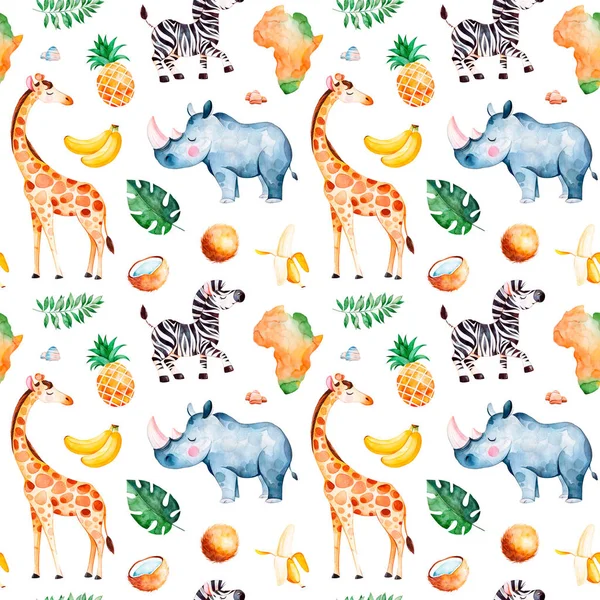 Afrika Aquarell Nahtlose Muster Mit Giraffe Nashorn Zebra Banane Früchten — Stockfoto
