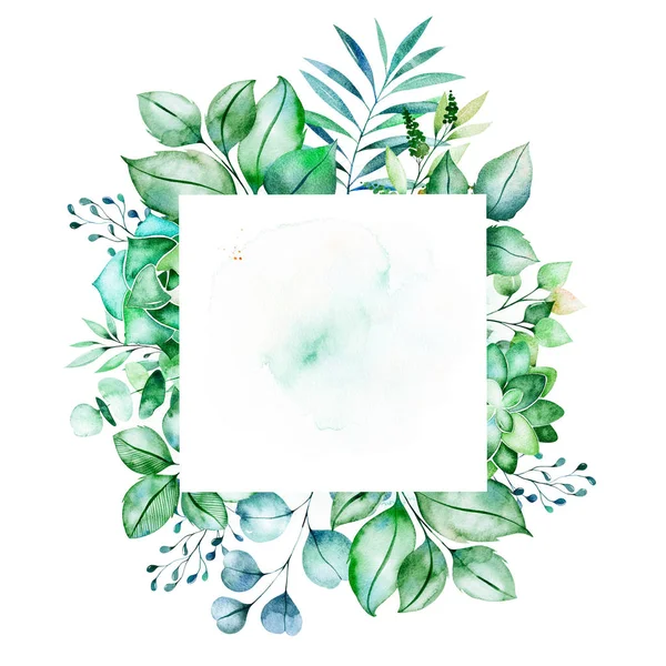 Aquarellrahmenrand Mit Grünen Blättern — Stockfoto