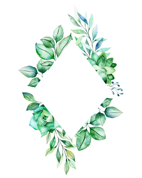 Watercolor Rhombus Frame Green Leaves — Stock Photo, Image