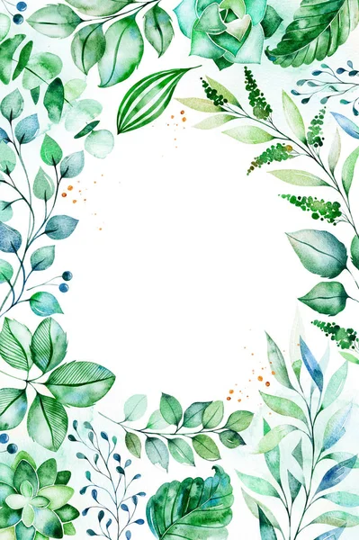 Çerçeve palm ile çiçek suluboya yeşil yaprakları, dalları, çilek