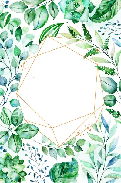 Watercolor Green Illustration Frame Border Palm Leaves Branches Berries — Stock Photo, Image