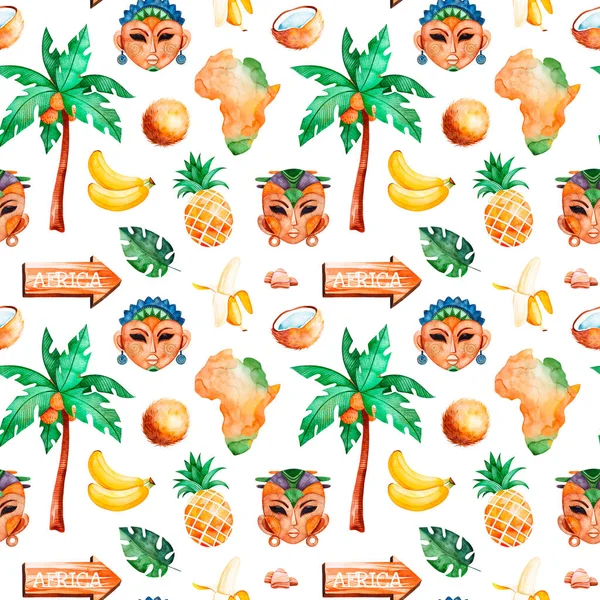 Africa watercolor seamless pattern. Safari collection with african masks, fruits, wooden sign, coconut, leaves, palm tree