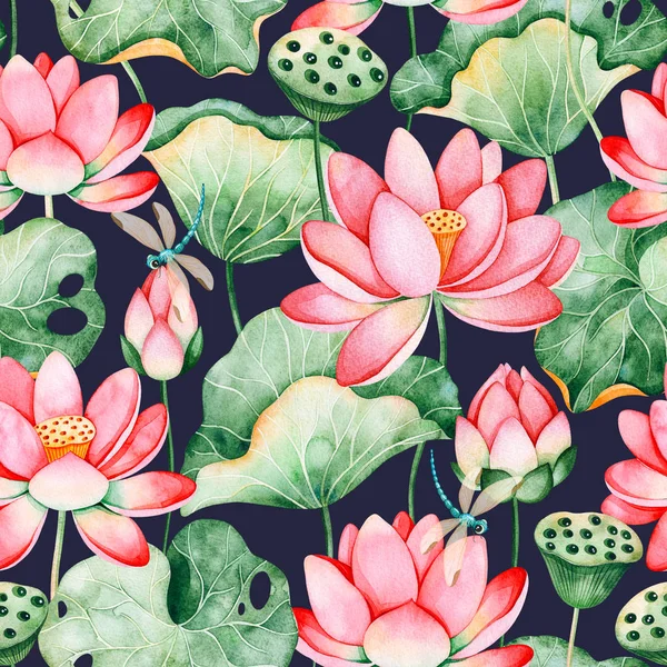Lotus Watercolor Texture Seamless Узор Темном Фоне Водяными Лилиями Стрекозами — стоковое фото