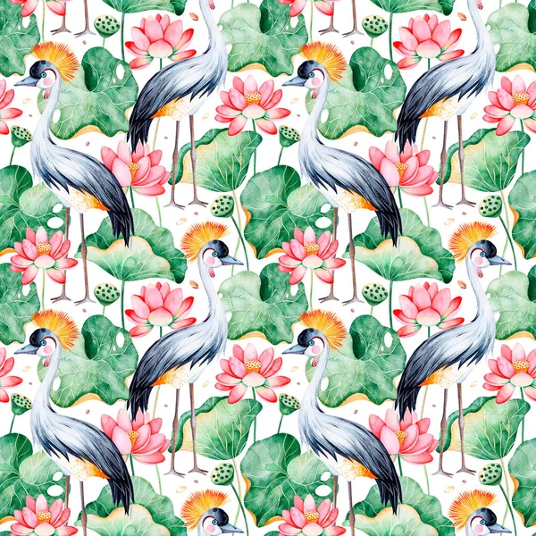 Lotus watercolor texture. Seamless pattern on white background with water lilies and black crowned crane. 