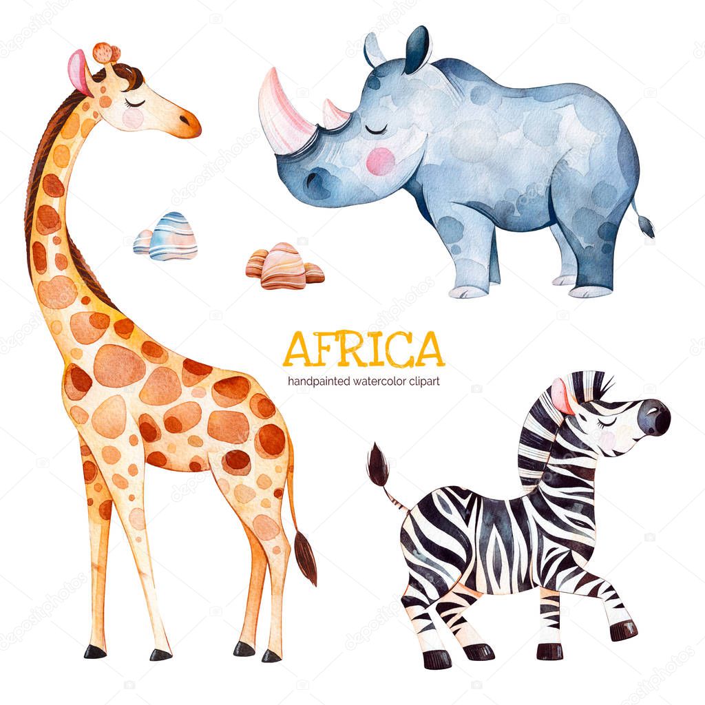 Safari collection with giraffe, rhino and zebra, watercolor illustration