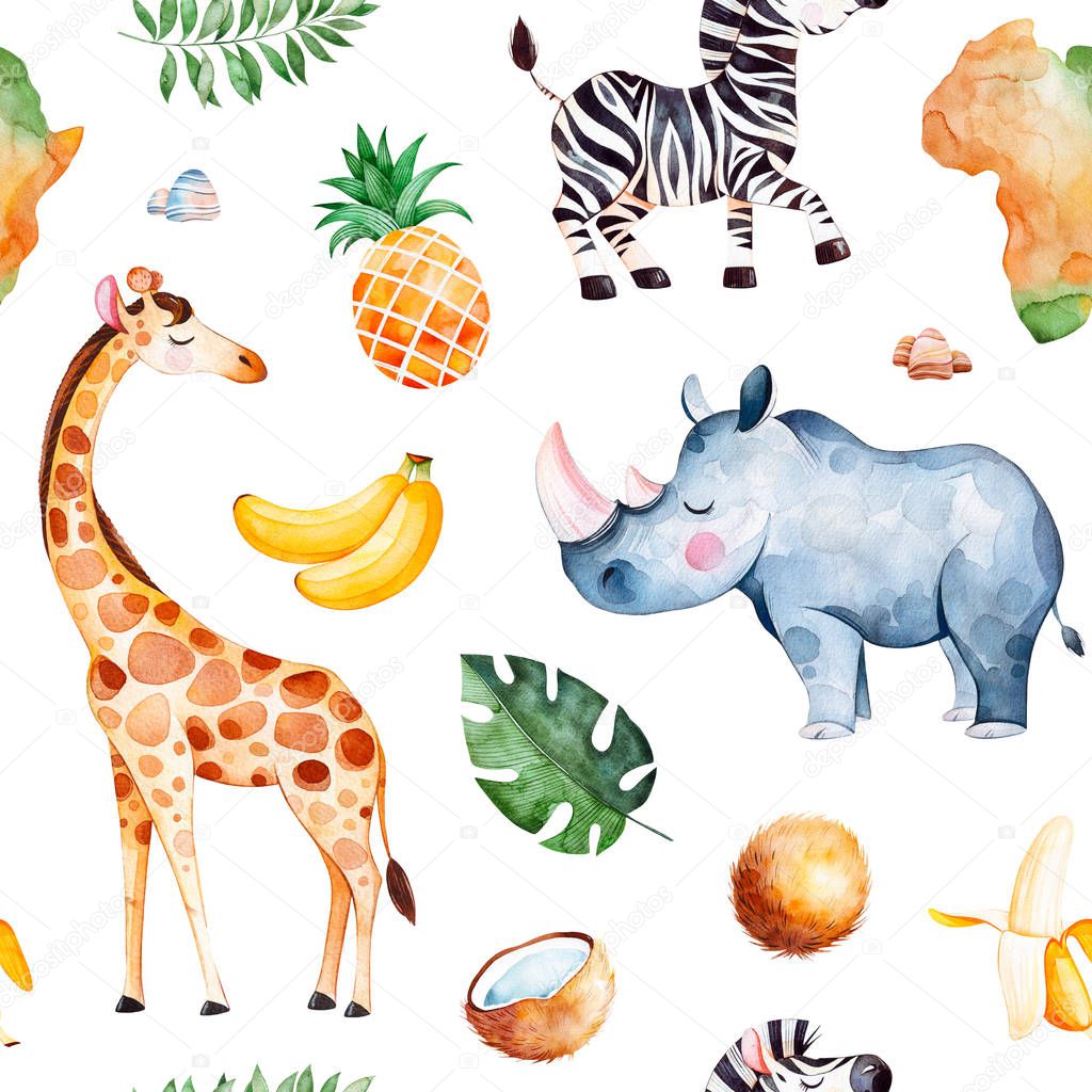 Africa watercolor seamless pattern with giraffe, rhino ,zebra, banana, fruits,  leaves, Africa continent