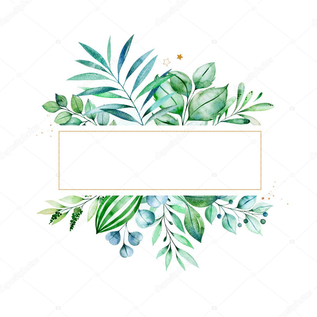 Watercolor frame border with green leaves