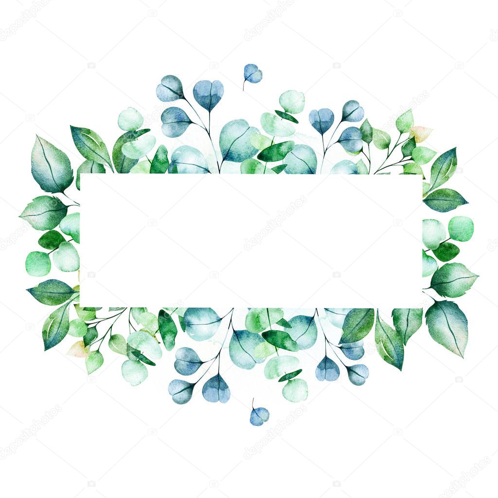 Watercolor frame border with green leaves