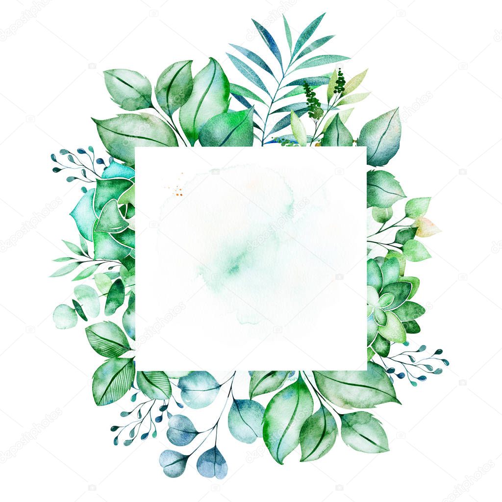 Watercolor frame border with green leaves
