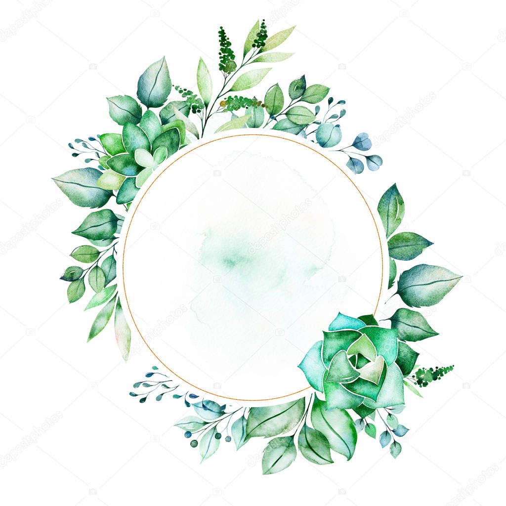 Watercolor circle frame with green leaves