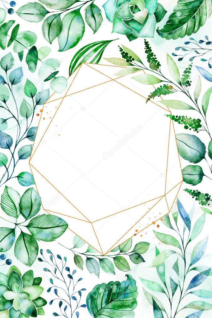 Watercolor Green illustration. Frame border with palm leaves ,branches, berries