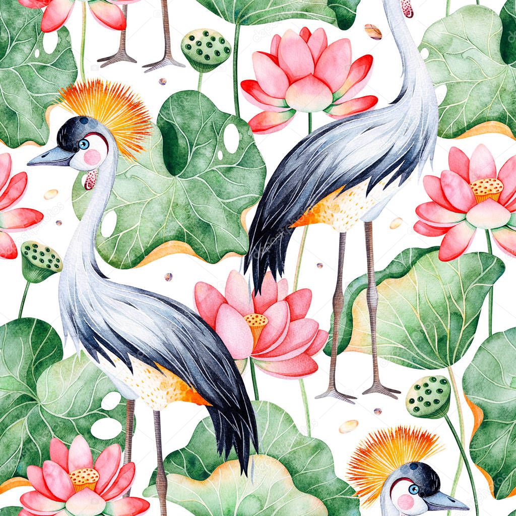 Lotus watercolor texture. Seamless pattern on white background with water lilies and black crowned crane. 