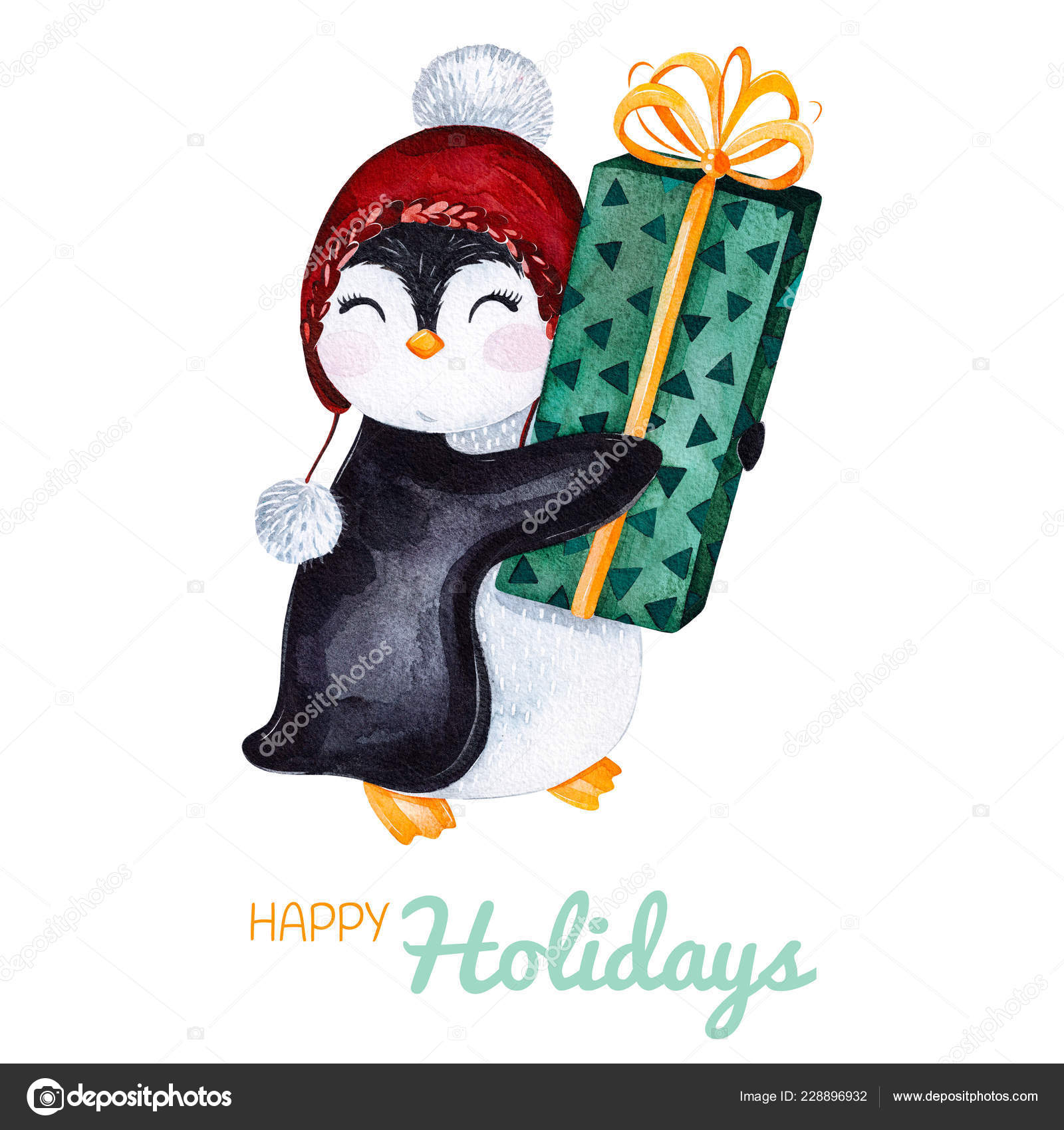Cute Watercolor Penguin Christmas Gift Hand Painted Holiday Illustration Perfect Stock Photo C Katerina Skorik 228896932